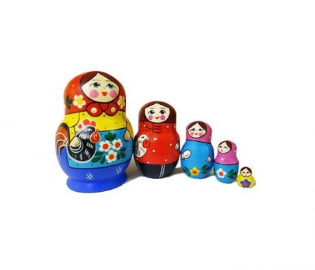 Деревянные игрушки RNToys Матрешка круглая Девочка с петухом 5 в 1