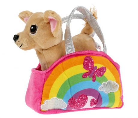 Мягкие игрушки Мой питомец Собачка в радужной сумочке с аппликацией 15 см