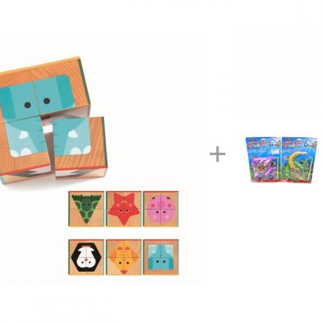 Деревянные игрушки Djeco Кубики Животные 4 шт. и Игровой набор Наша Игрушка Рыбалка