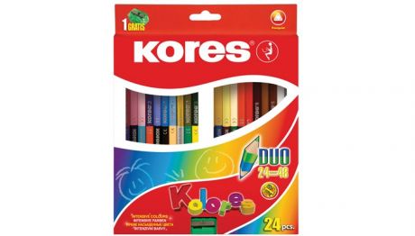 Карандаши, восковые мелки, пастель Kores Карандаши цветные трехгранные двусторонние с точилкой 48 цветов 24 шт.