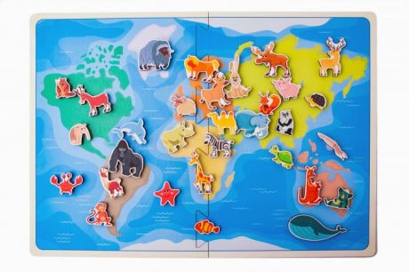 Деревянные игрушки Сибирские игрушки Карта мира Травоядные животные (на липучках)