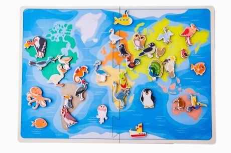 Деревянные игрушки Сибирские игрушки Карта мира Птицы и морские животные (на липучках)
