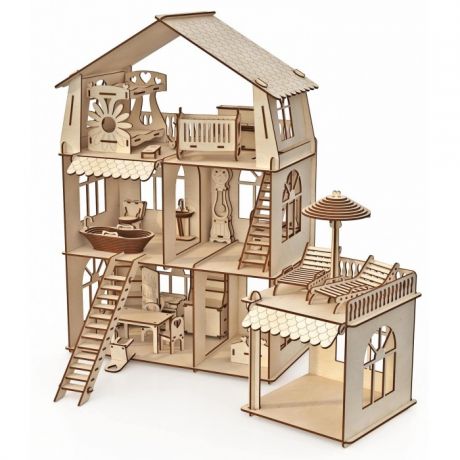 Сборные модели ХэппиДом Конструктор-кукольный домик Коттедж с пристройкой и мебелью Premium