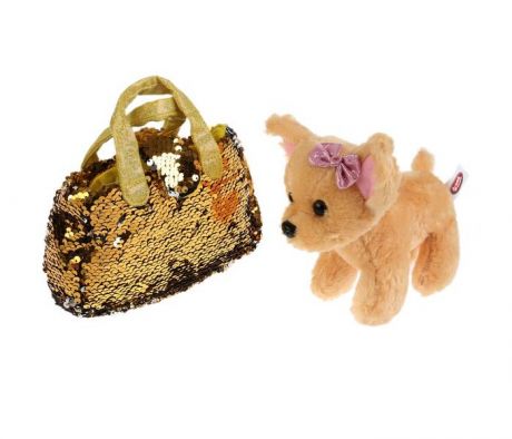 Мягкие игрушки Мой питомец Собака в сумочке из пайеток золото 15 см