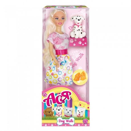 Куклы и одежда для кукол Toys Lab Кукла Ася Блондинка в розово-белом платье Прогулка с щенком