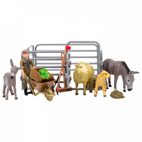 Игровые фигурки Masai Mara Набор фигурок животных На ферме (фермер, овцы, ослики, ограждение-загон, инвентарь)