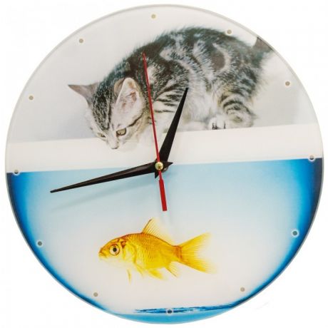 Часы Эврика подарки стеклянные Котенок и аквариум