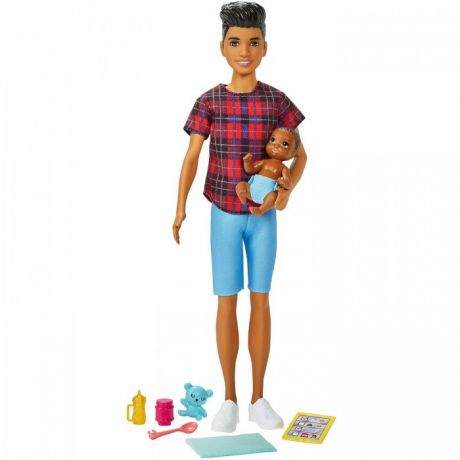 Куклы и одежда для кукол Barbie Кукла Кен Няня в рубашке и шортах с малышом и аксессуарами