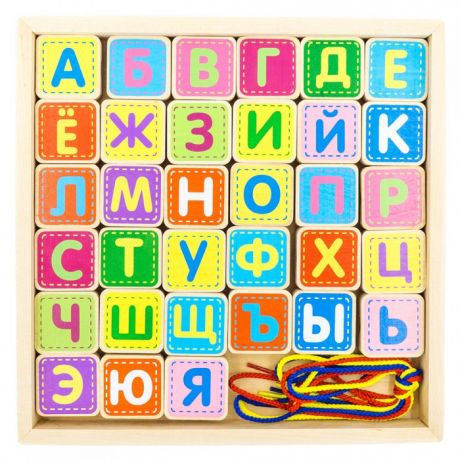Деревянные игрушки Alatoys Шнуровка азбука 33 детали