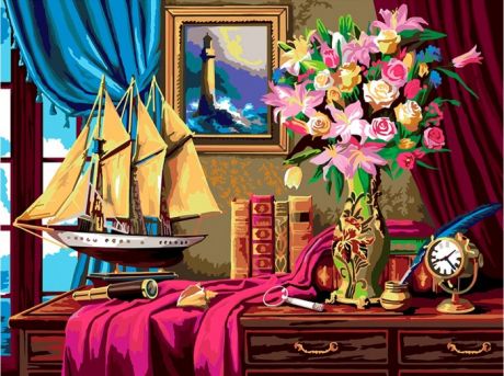 Картины по номерам Рыжий кот Картина по номерам Натюрморт с цветами и кораблем 40х30 см