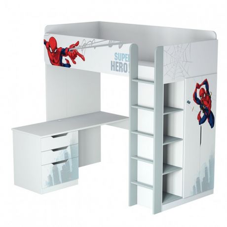 Кровати для подростков Polini kids чердак Marvel 4355 Человек паук с письменным столом и шкафом