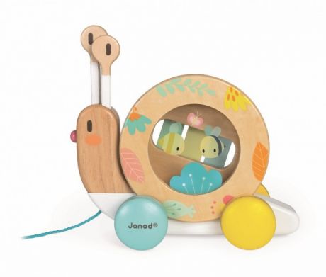 Каталки-игрушки Janod на веревочке Улитка с ксилофоном и барабаном