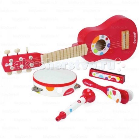 Музыкальные инструменты Janod Набор красных музыкальных инструментов - гитара, бубен, губная гармошка, дудочка, трещотка