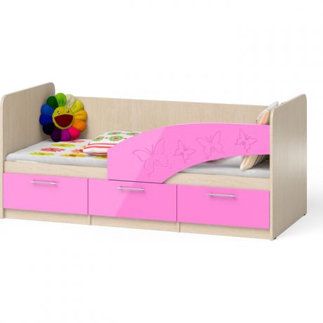Кровать детская СВК Бабочки 1,8П правая дуб атланта/розовый глянец 80х180