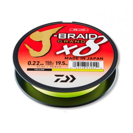 Леска плетеная Daiwa J-Braid Grand X8 135м 0,22мм (19,5кг) желтая