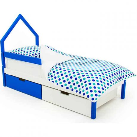 Бельмарко Детская кровать-домик мини Svogen сине-белый + ящики 1 синий, 1 белый + бортик ограждение