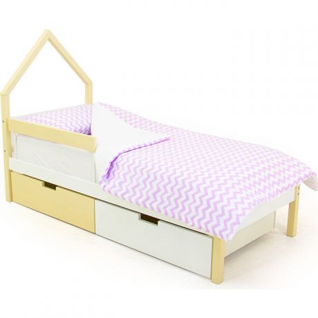 Бельмарко Детская кровать-домик мини Svogen бежево-белый + ящики 1 бежевый, 1 белый + бортик ограждение