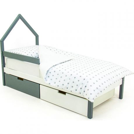 Бельмарко Детская кровать-домик мини Svogen графит-белый + ящики 1 графит, 1 белый + бортик ограждение
