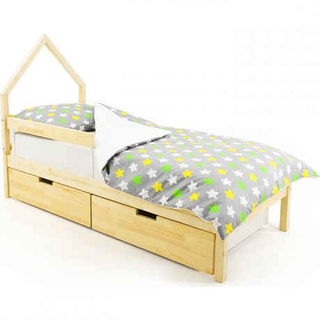 Детская кровать-домик мини Бельмарко Svogen натура (без покрытия) + ящики 2 шт + бортик ограждение