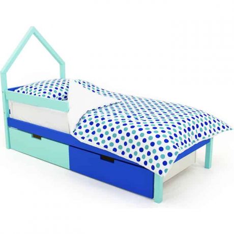 Бельмарко Детская кровать-домик мини Svogen мятно-синий + ящики 1 мятный, 1синий + бортик ограждение