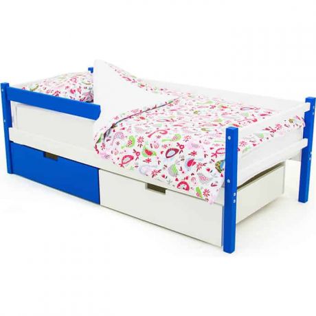 Бельмарко Детская кровать-тахта Svogen сине-белый + ящики 1 синий, 1 белый + бортик ограждение