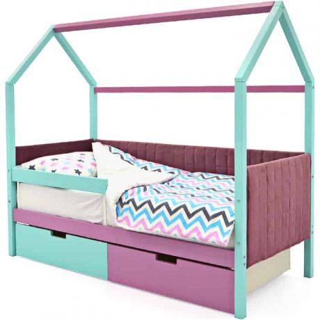 Детская кровать-домик мягкий Бельмарко Svogen мятный-лаванда + ящики 1 мятный, 1 лаванда + бортик ограждение