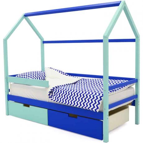 Бельмарко Детская кровать-домик Svogen мятно-синий + ящики 1 мятный, 1синий + бортик ограждение