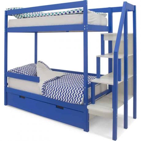 Бельмарко Детская двухярусная кровать Svogen синий + ящики 2 шт + бортик ограждение