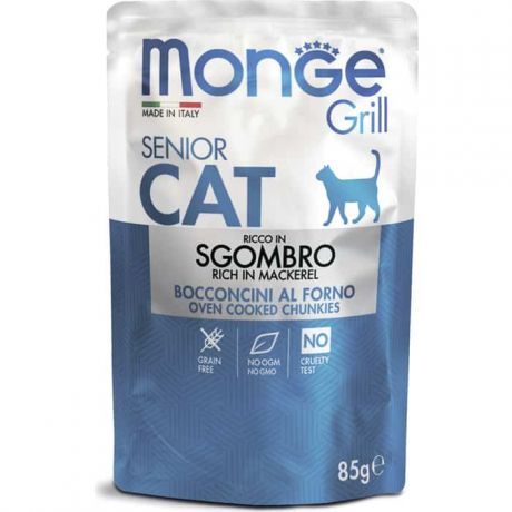 Паучи Monge Cat Grill Pouch для пожилых кошек эквадорская макрель 85 г