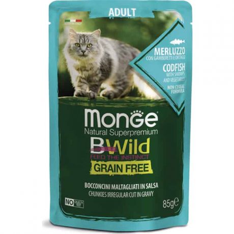 Паучи Monge Cat BWild GRAIN FREE из трески с креветками и овощами для взрослых кошек 85 г