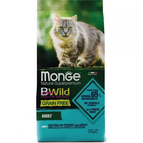 Сухой корм Monge Cat BWild GRAIN FREE беззерновой из трески для взрослых кошек 1,5 кг