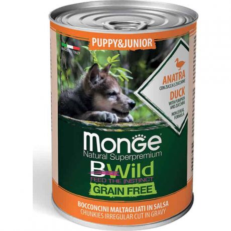 Консервы Monge Dog BWild GRAIN FREE Puppy&Junior беззерновые из утки с тыквой и кабачками для щенков всех пород 400 г