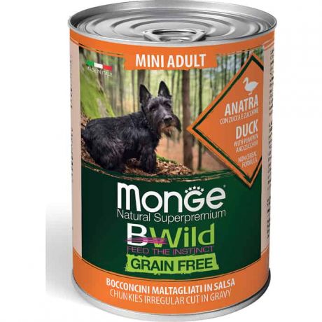 Консервы Monge Dog BWild GRAIN FREE Mini беззерновые из утки с тыквой и кабачками для взрослых собак мелких пород 400 г