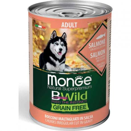 Консервы Monge Dog BWild GRAIN FREE беззерновые из лосося с тыквой и кабачками для взрослых собак всех пород 400 г