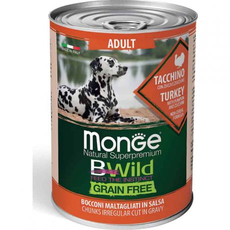 Консервы Monge Dog BWild GRAIN FREE беззерновые из индейки с тыквой и кабачками для взрослых собак всех пород 400 г