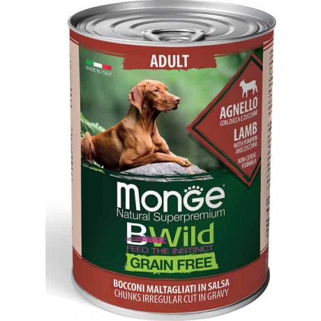 Консервы Monge Dog BWild GRAIN FREE беззерновые из ягненка с тыквой и кабачками для взрослых собак всех пород 400 г