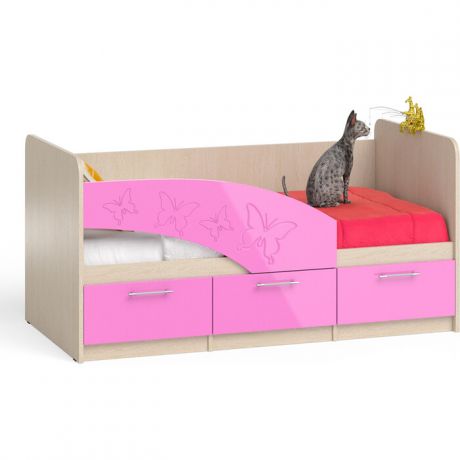 Кровать детская СВК Бабочки 1,6Л дуб атланта/розовый глянец 80х160 левая