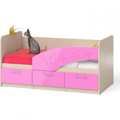 Кровать детская СВК Бабочки 1,6П правая дуб атланта/розовый глянец 80х160