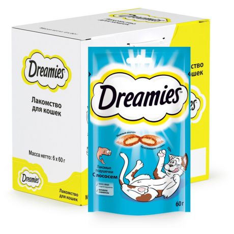 Лакомство Dreamies Подушечки с лососем для взрослых кошек 6 штук по 60 г