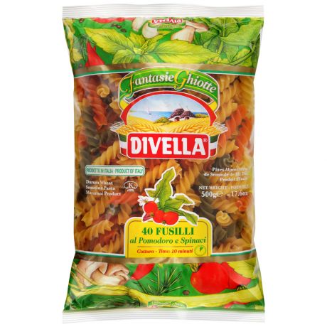 Макаронные изделия Divella Fusilli Фузилли спирали с томатом и шпинатом 500 г