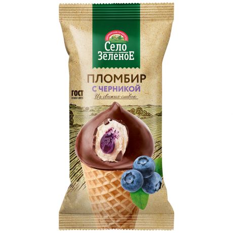 Мороженое Село Зеленое Рожок пломбир Черника 15% 70 г