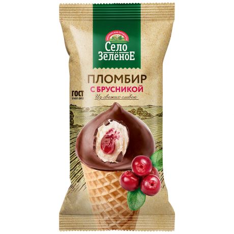 Мороженое Село Зеленое Рожок пломбир Брусника 15% 70 г
