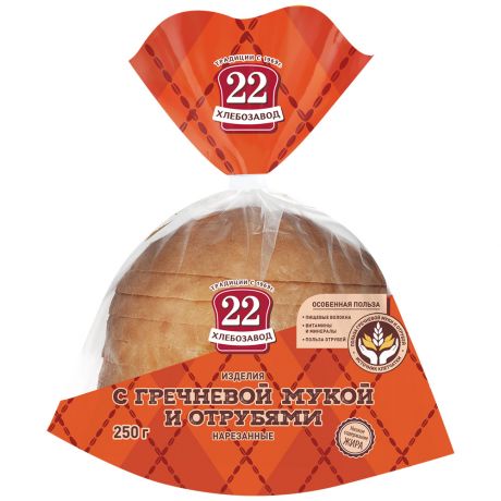 Хлеб Хлебозавод №22 из смеси гречневой и пшеничной муки с отрубями нарезка 250 г