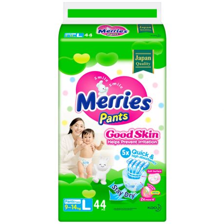 Подгузники-трусики Merries Good Skin L (9-14 кг,44 штуки)