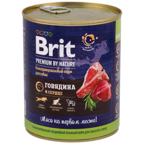 Корм влажный Brit Premium с говядиной и сердцем для собак 850 г