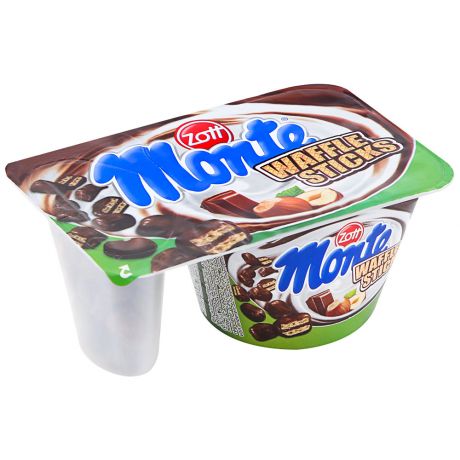 Десерт молочный Zott Monte с шоколадом фундуком и вафельные палочки в шоколадной глазури 15% 125 г