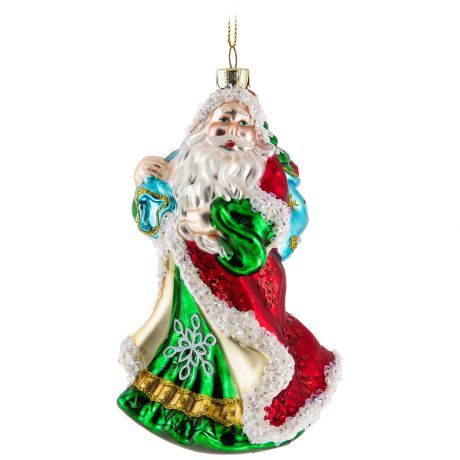 Елочное украшение Holiday Classics Дед Мороз красно-зеленый с мешком подарков 8.9х13 см