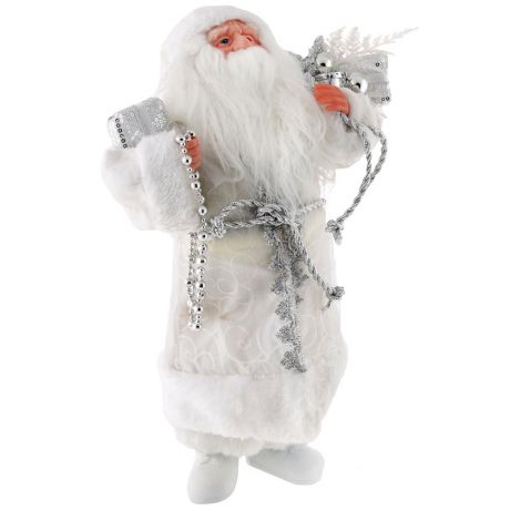 Дед Мороз Holiday Classics с подарками в серебристой шубе и белых сапожках 40 см
