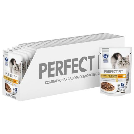 Корм влажный Perfect Fit с индейкой в соусе для взрослых кошек с чувствительным пищеварением 28 штук по 75 г