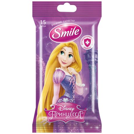 Влажные салфетки детские Smile Disney Princess антибактериальные ассорти 15 штук